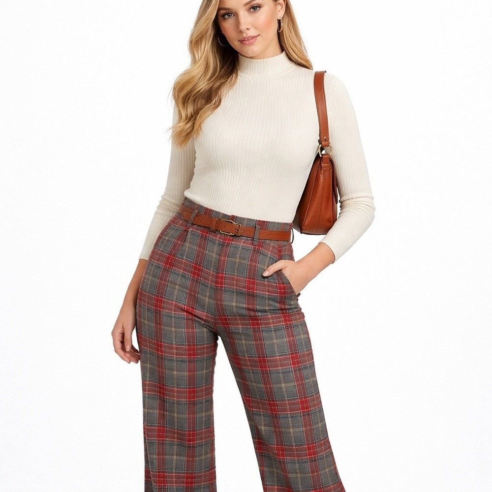 Farah Plaid Trousers Women Size 30 Grey Red Vintage 70s Wide Leg Excellent
